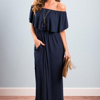 Navy Blue Off-the-Shoulder Ruffle Casual Summer Maxi Dress with Side Pockets