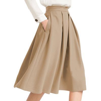 Women Midi Pleated Skirt High Waist Knee Length Pockets Girls A Line Skater Skirt khaki