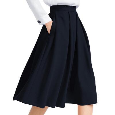 Women Midi Pleated Skirt High Waist Knee Length Pockets Girls A Line Skater Skirt navy blue