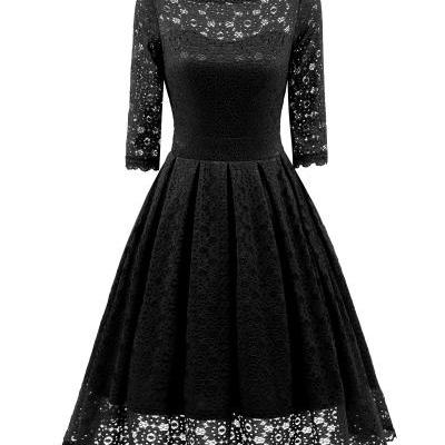 Women Floral Lace Dress Vintage 50s 60s 3/4 Sleeve Rockabilly Cocktail Evening Party Swing Dress black