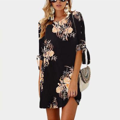 Women Short Casual T Shirt Dress Summer Boho Floral Printed Short Sleeve Loose Mini Beach Party Dress YS80805-black 