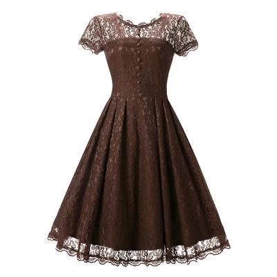 Vintage Floral Lace Pleated Dress Women Short Sleeve Buttons A Line Cocktail Party Swing Dress coffee