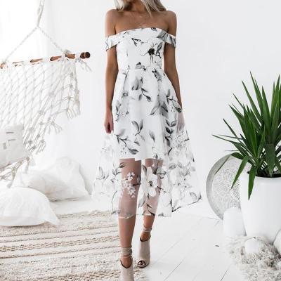  Women Summer Beach Boho Dress Floral Printed Off the Shoulder Cocktail Party Gowns off white