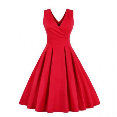  Women Sleeveless Summer Dress V Neck Retro 50s 60s Plus Size A Line Club Party Dress red