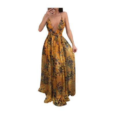 Mustard Yellow Floral Print Plunge V Tie Back Floor Length A-Line Maxi Dress Featuring Criss-Cross Open Back
