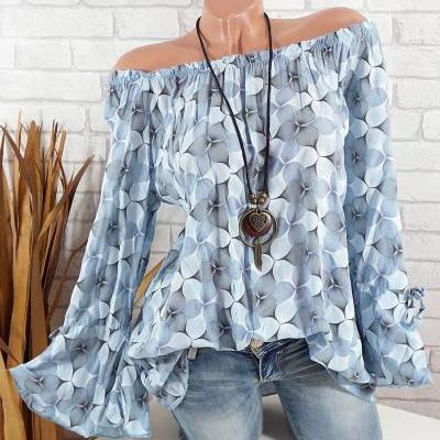 Off the Shoulder Top Women Office Work Floral Print Flare Sleeve Blouse Casual Loose Shirt gray