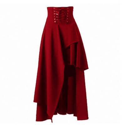 Gothic Steampunk Skirt Lolita Lace-Up High Waist Asymmetric Hem Bandage Long Maxi Skirts red