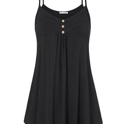 Plus Size Women Tank Tops Summer Casual Spaghetti Strap Button Vest Sleeveless T Shirt black