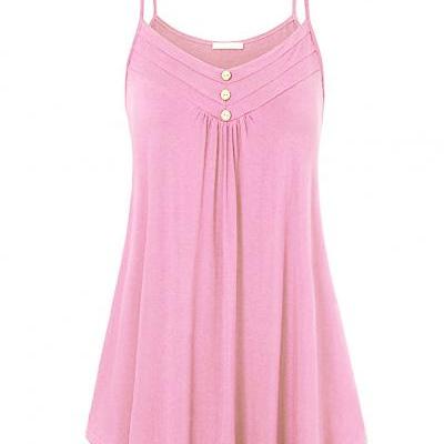 Plus Size Women Tank Tops Summer Casual Spaghetti Strap Button Vest Sleeveless T Shirt pink
