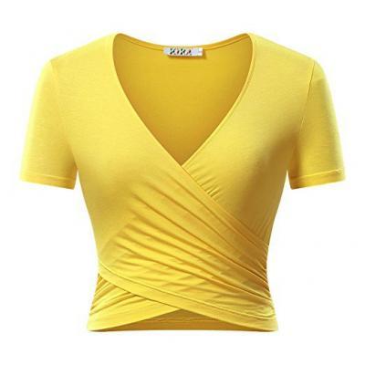 Women Crop Tops Sexy Cross V Neck Short Sleeve Summer Beach Causal Slim T-Shirt yellow