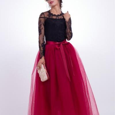 6 Layers Tulle Skirt Summer Maxi Long Muslim Skirt Womens Elastic Waist Lolita Tutu Skirts dark red