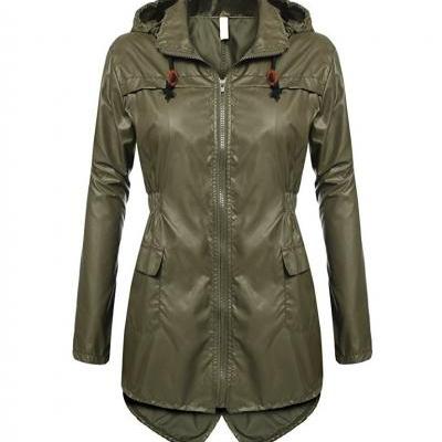 Women Raincoat Spring Autumn Hooded Long Sleeve Slim Fit Casual Waterproof Coat Jacket army green
