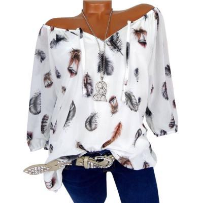 Women Feather Printed Blouse Half Sleeve Lace Up V-Neck Off Shoulder Casual Loose Plus Size Top Shirts off white