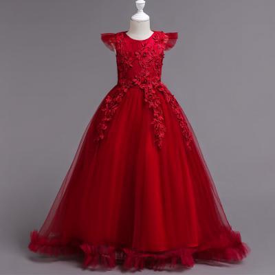 Long Flower Girl Dress Lace Cap Sleeve Formal Party Evening Gown Children Clothes red
