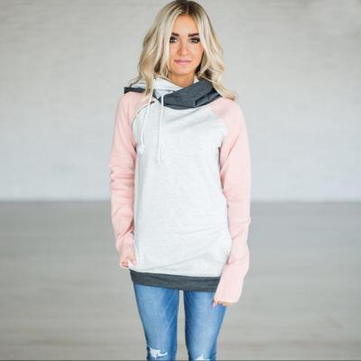 Women Striped Patchwork Hoodie Autumn Winter Casual Pullover Long Sleeve Pockets Hooded Sweatshirt 0597-pink