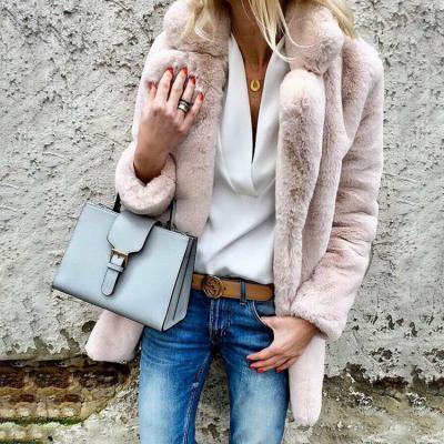 Woman Faux Fur Coat Winter Warm Long Sleeve Lapel Neck Casual Long Jacket Outwear light pink