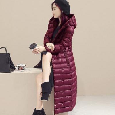 Women Long Duck Down Coat Hooded Long Sleeve Plus Size Slim Winter Ultra Light Jacket Outwear burgundy