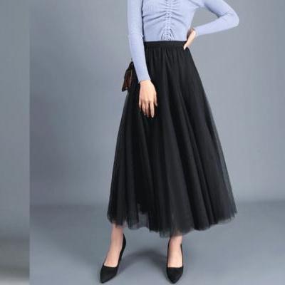 Women Long Tulle Mesh Skirt Elastic High Waist Streetwear Pleated Tutu A Line Maxi Skirt black