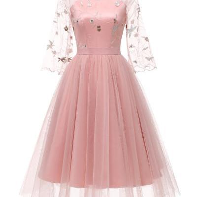 Women Casual Dress V Neck Flare Sleeve Tulle Embroidery Lace Slim A Line Formal Party Dress pink