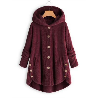 Women Fleece Coat Autumn Winter Warm Buttons Long Sleeve Plus Size Casual Loose Hooded Jacket wine red