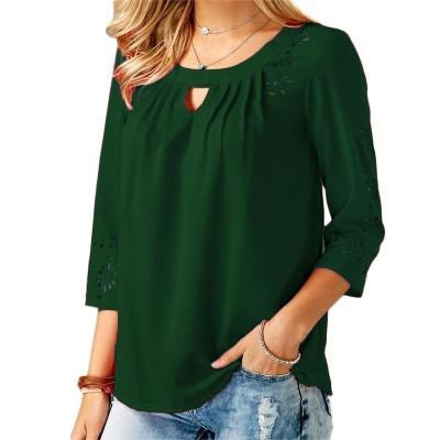  Women Blouse Spring Autumn Hollow Out 3/4 Sleeve Plus Size Casual Loose Pullover Tops hunter green