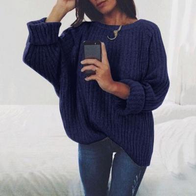 Women Knitted Sweater Autumn Winter Crew Neck Long Sleeve Casual Loose Pullover Tops navy blue
