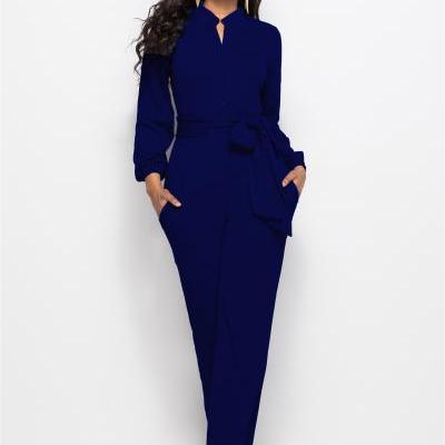 Women Wide Leg Jumpsuit Buttons Long Sleeve Streetwear Casual Loose Romper Overalls navy blue
