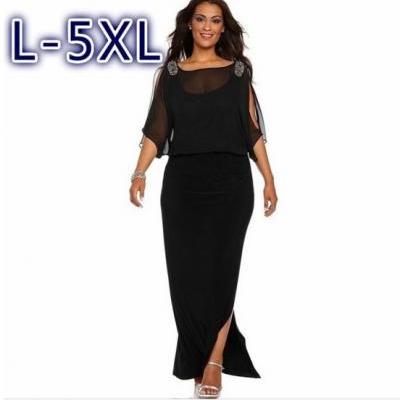 Women Chiffon Maxi Dress Plus Size Casual Half Sleeve Loose Split Long Formal Party Dress black