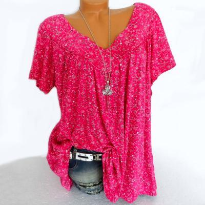 Women Floral Printed T Shirt Summer V Neck Short Sleeve Casual Loose Plus Size Tee Tops hot pink