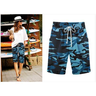 Women Camouflage Shorts Drawstring Elastic Waist Knee Length Summer Casual Loose Trousers blue