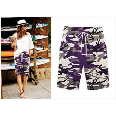 Women Camouflage Shorts Drawstring Elastic Waist Knee Length Summer Casual Loose Trousers purple