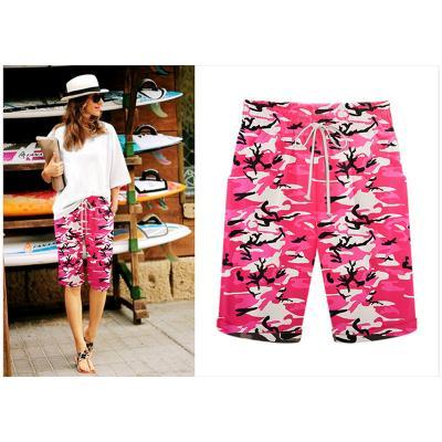 Women Camouflage Shorts Drawstring Elastic Waist Knee Length Summer Casual Loose Trousers red