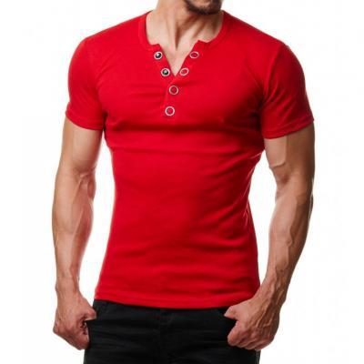  Men T Shirt Summer V Neck Short Sleeve Metal Button Casual Slim Fit Polo Shirt red