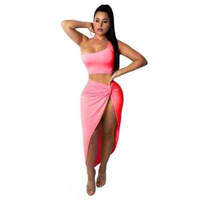Women Tracksuit One Shoulder Crop Top+High Split Maxi Skirt Casual Club Party Two Pieces Set pink