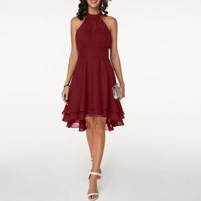 Women Asymmetrical Dress Chiffon Halter Sleeveless Summer Beach Casual Mini Party Dress wine red