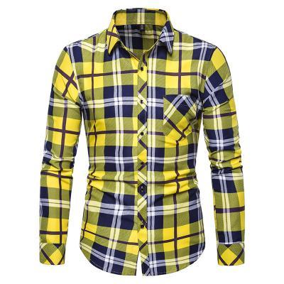 Men Plaid Shirt Turn-down Collar Long Sleeve Casual Business Slim Fit Plus Size Tops yellow