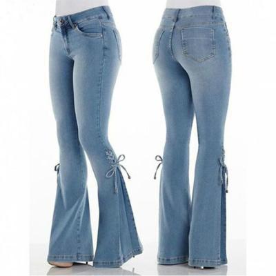 Women Flare Jeans Bandage Mid Waist Casual Streetwear Skinny Long Denim Pants light blue