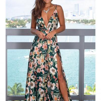 Women Maxi Dress Sleeveless V Neck Floral Printed Summer Beach High Split Casual Boho Long Dress 5#