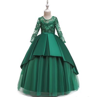 Long Sleeve Flower Girls Dress Lace Tutu Wedding Birthday Formal Party Gown Kids Children Clothes green