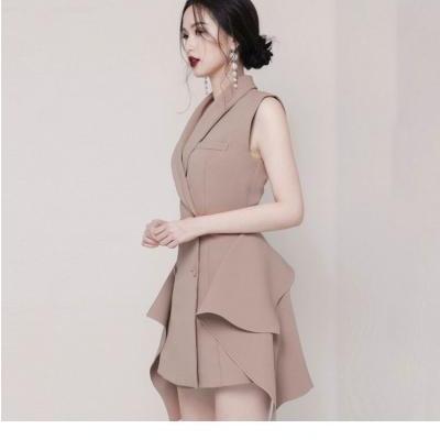  Women Solid Suit Vest Dress Double Breasted Tailored Collar OL Sleeveless Irregular Gilet femme Tops 