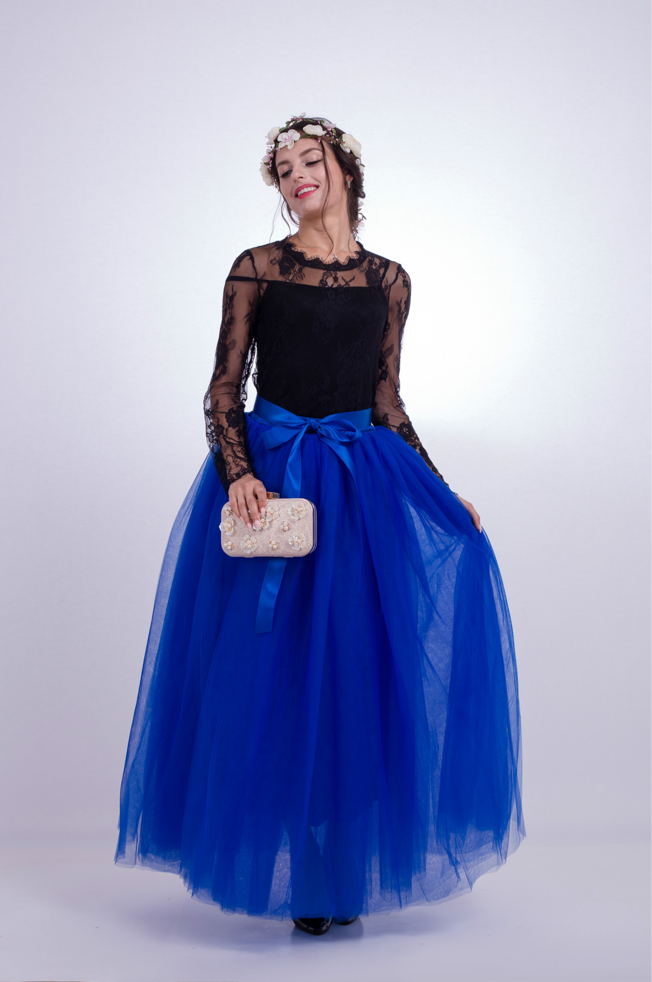 6 Layers Tulle Skirt Summer Maxi Long Muslim Skirt Womens Elastic Waist Lolita Tutu Skirts royal blue