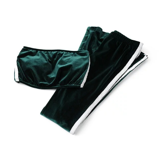 Women Velvet Strapless+Long Flare Pants Suit Striped Trousers Two Pieces Tracksuit hunter green