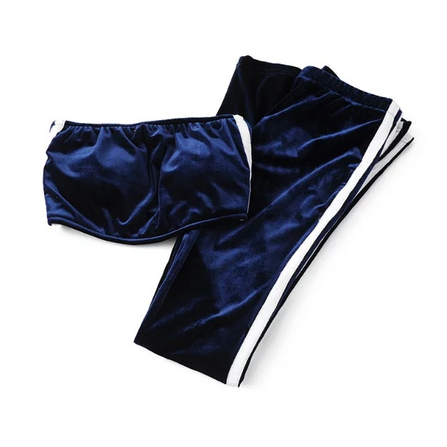 Women Velvet Strapless+Long Flare Pants Suit Striped Trousers Two Pieces Tracksuit navy blue