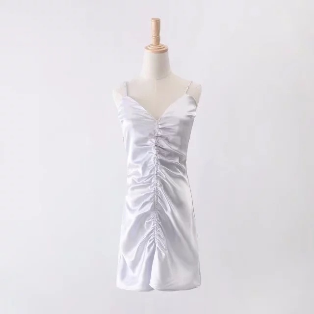 Summer Pleated Mini Slip Dress Sleeveless Spaghetti Strap Sexy Women Party Club Dress Silver