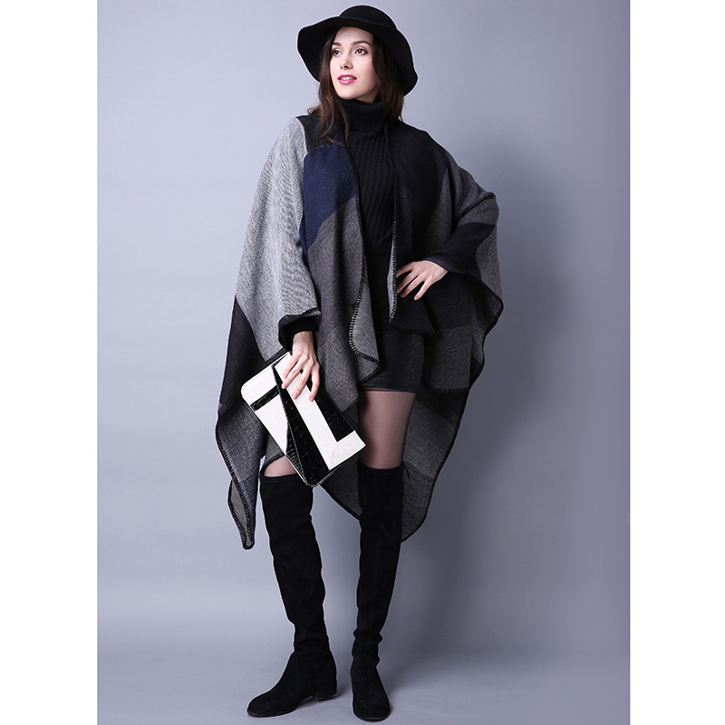 Women Lady Faux Cashmere Scarf Plaid Poncho Cape Floral Wrap Shawl Blanket Cloak 4#