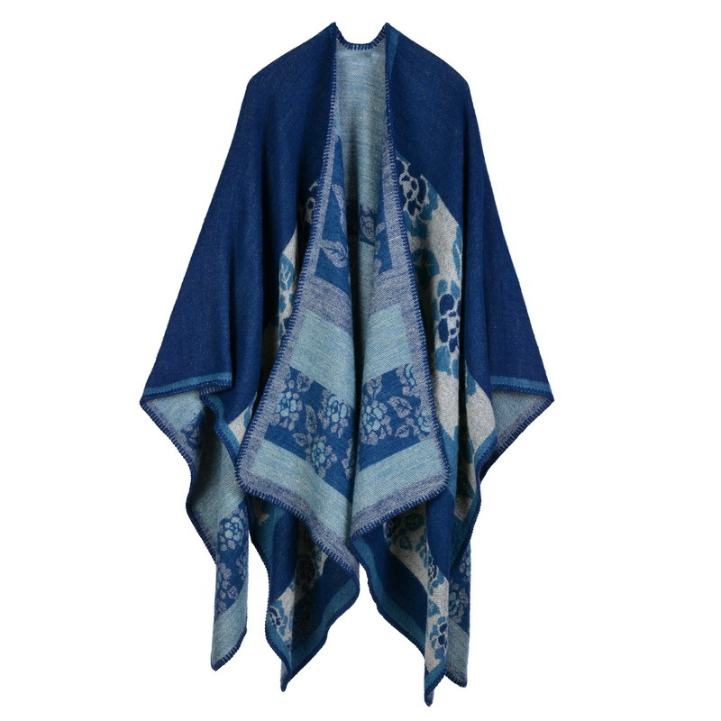 Women Lady Faux Cashmere Scarf Plaid Poncho Cape Floral Wrap Shawl Blanket Cloak 12#