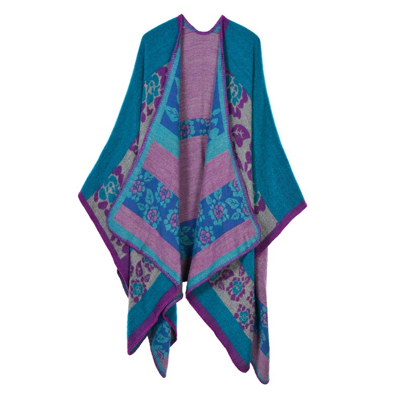 Women Lady Faux Cashmere Scarf Plaid Poncho Cape Floral Wrap Shawl Blanket Cloak 13#