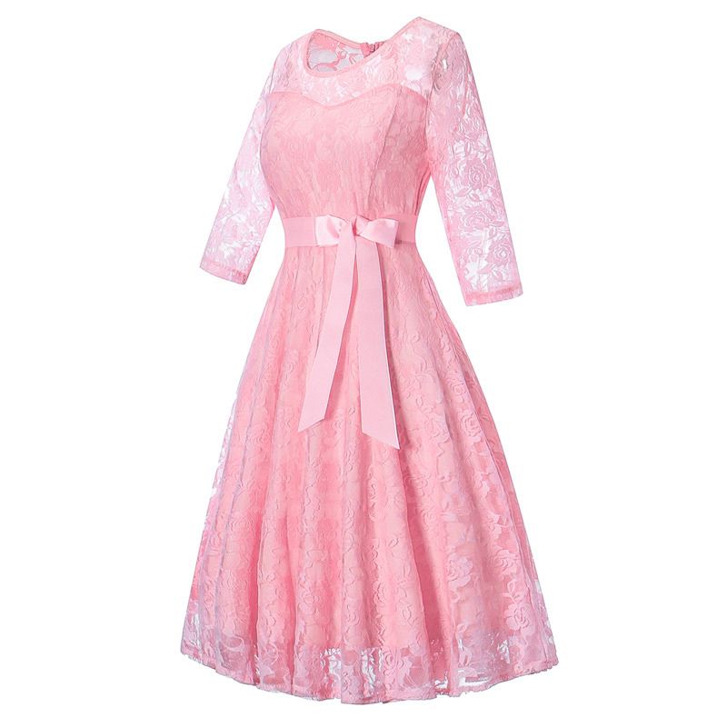Women Floral Lace Dress 3/4 Sleeve Belted Elegant Evening Retro Swing