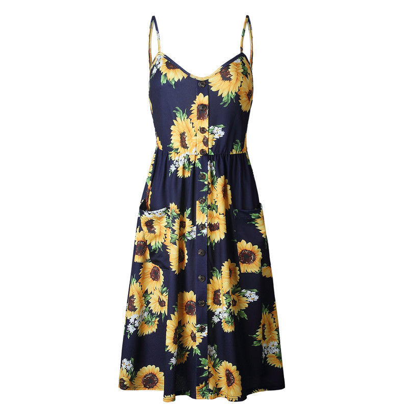 Spaghetti Strap Sunflower Floral Print Summer Midi Dress With Pockets ...