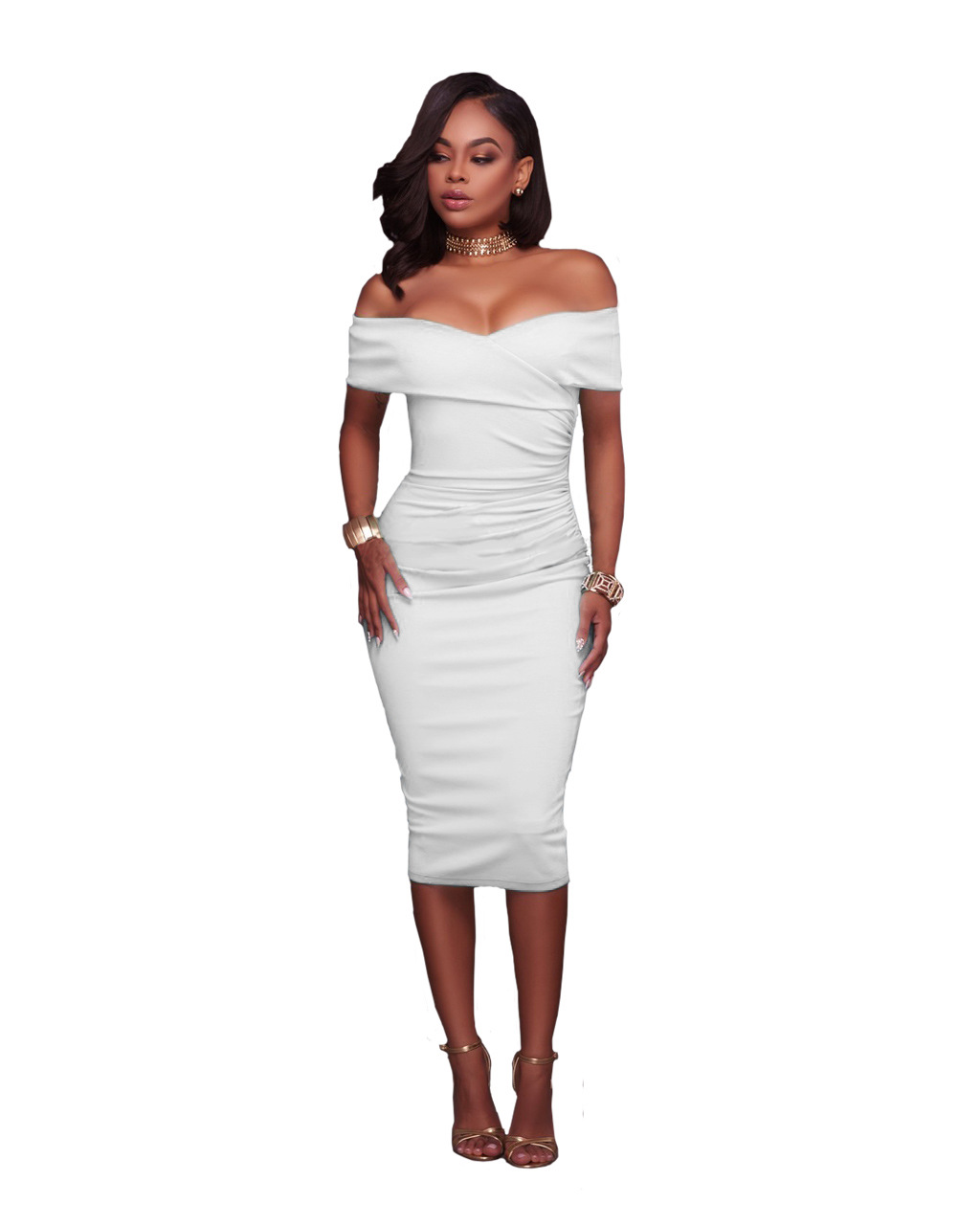 Women Midi Bodycon Dress Ruched Elegant Sexy Off the Shoulder Party Clubwear Pencil Dress off white
